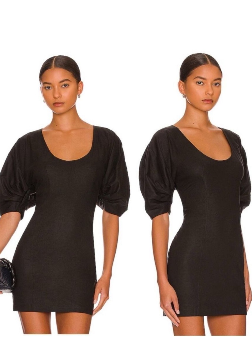 L'Academie Black Puff-Sleeve Scoop-Neck Mini Dress
